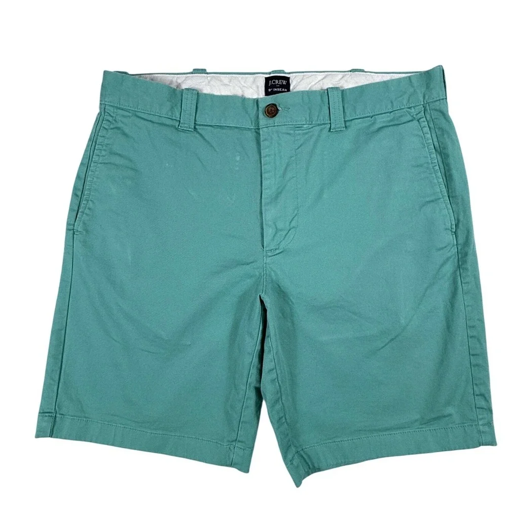 J. Crew Mens Chino Shorts Teal Green Flat Front Cotton Twill Size 33 9 Inseam